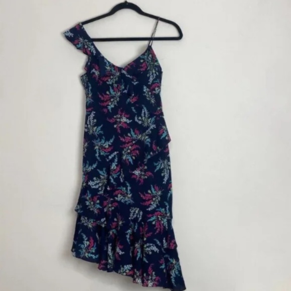 LIKELY Dress One Shoulder Floral Navy Multicolor Asymmetric Ruffles Brunch Sz 2 - Picture 5 of 7